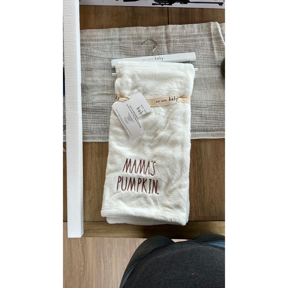 Rae Dunn Baby Mamas Pumpkin Plush Blanket Cream White Brown Embroidery 30x40 NWT